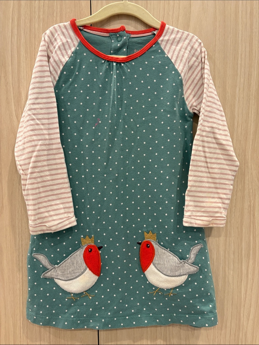 Baby Boden Green Polka Dot Dress with  Striped Sleeves and bird  detail pockets